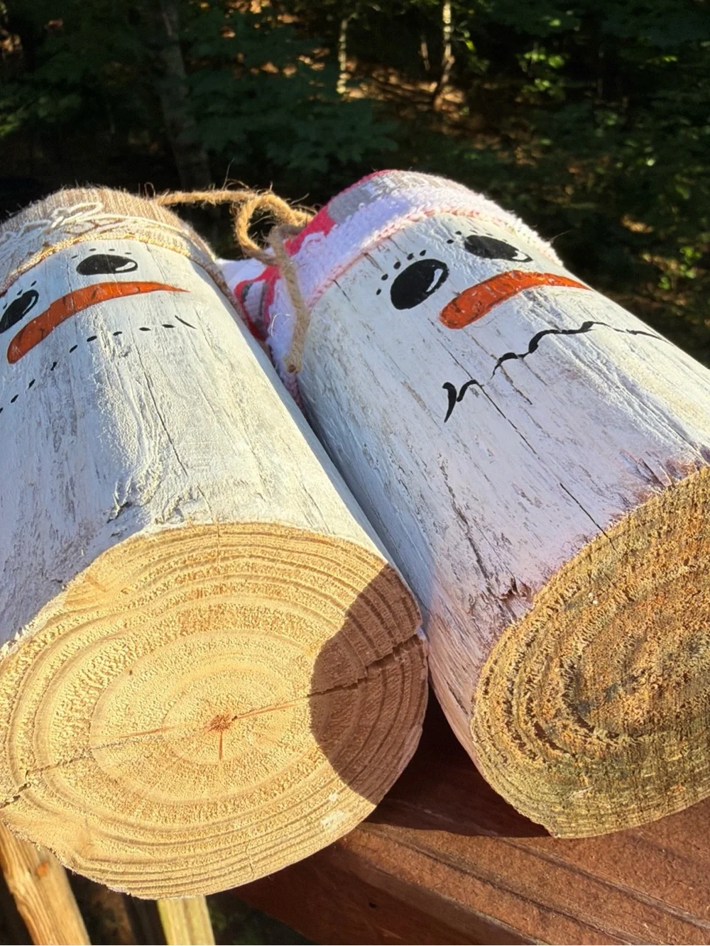 2 Handmade Holiday Snowman Wooden Decor - Red & Tan Fabric Hats